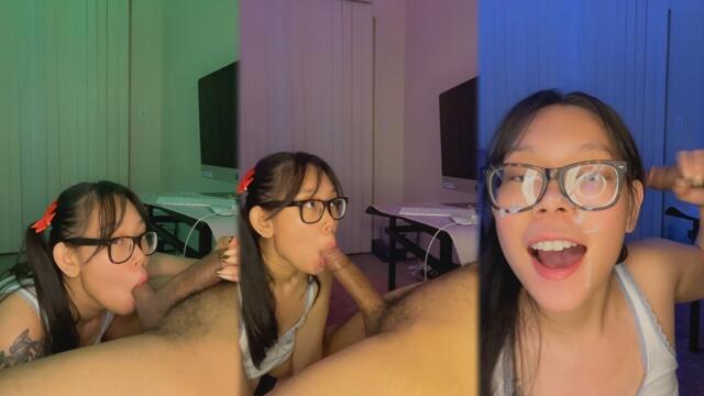 hot nerdy asian giving handjob and blowjob for extra credit HUGE CUMSHOT FACIAL video from Creamy Asian