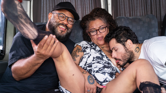 curvy granny threesome fucked in a moving van video from FetishIslands