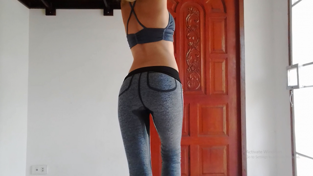 Grey yoga pants wetting and butt worship