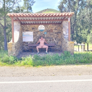 Naked in public bus stop photo gallery by Nikki Holland