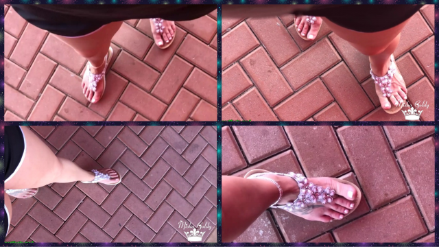 POV Walking in shiny sandals and toe wiggling video from 