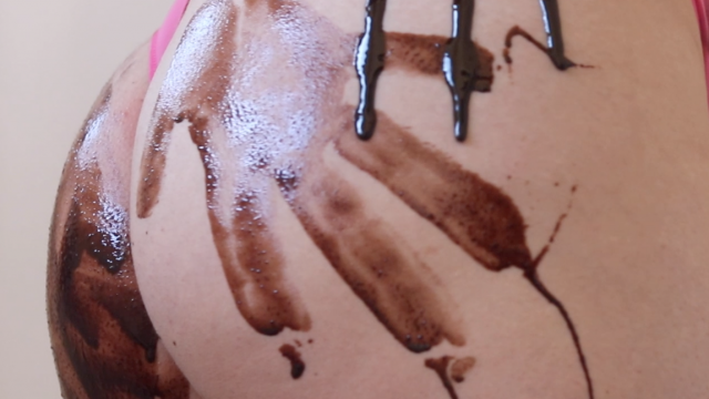 Covering boobs and booty in chocolate syrup video from Seraphina Storm