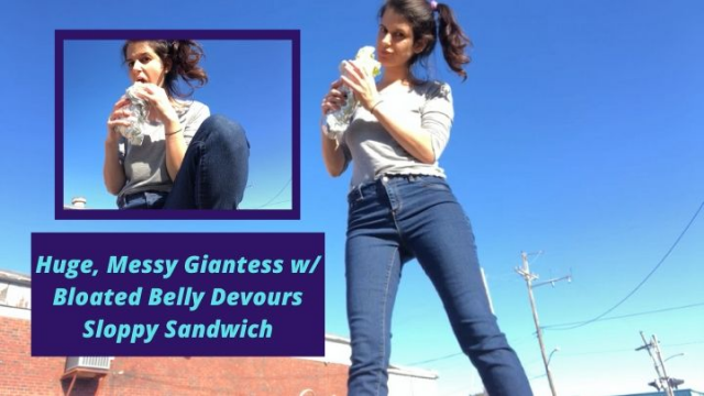 Giantess in Jeans Gets Big Bloated Belly While Devouring Huge Messy Sandwich video from Sally Smiles