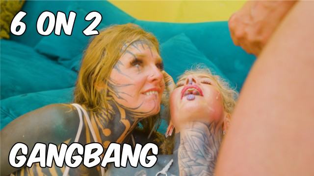 2 Alternative tattooed babes, 6 Cocks - DP, Gagging, Facial cumshot video from Z-Filmz