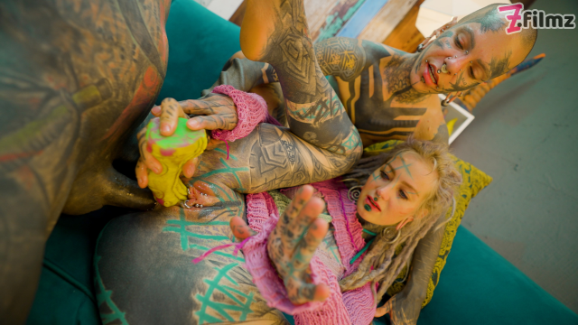 Trans Dark Leaves first time porn with Heavily tattooed couple. ATM, Facial video from Z-Filmz
